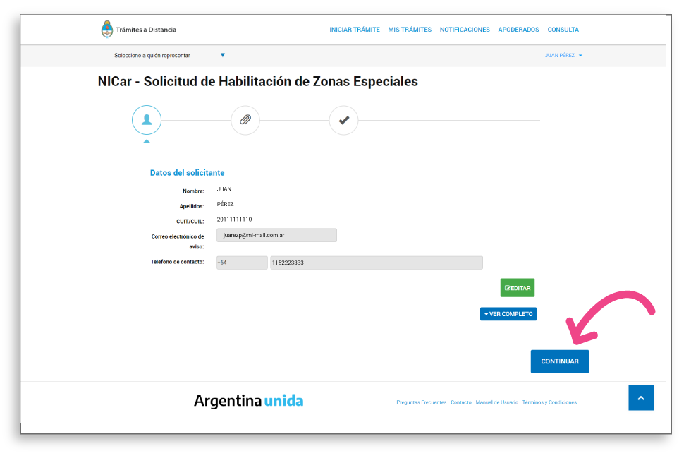 Página confirmar datos de Trámites a Distancia. Es un formulario con datos personales de ejemplo. Al final del mismo hay un botón que dice Continuar. Está destacado