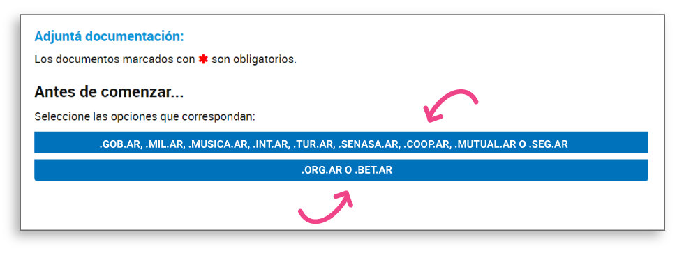 Pantalla con dos botones donde se debe seleccionar la zona a habilitar. El primero dice .gob.ar, .musica.ar, .mil.ar, .senasa.ar, .int.ar, . seg.ar y el segundo dice .bet.ar y .org.ar