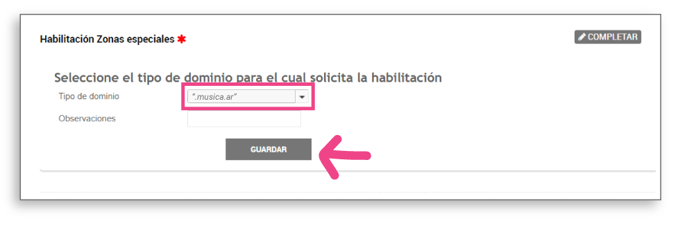 Pantalla con Habilitación de Zonas Especiales con desplegable para elegir zona destacado, un campo con título Observaciones y un botón que dice Guardar que está destacado