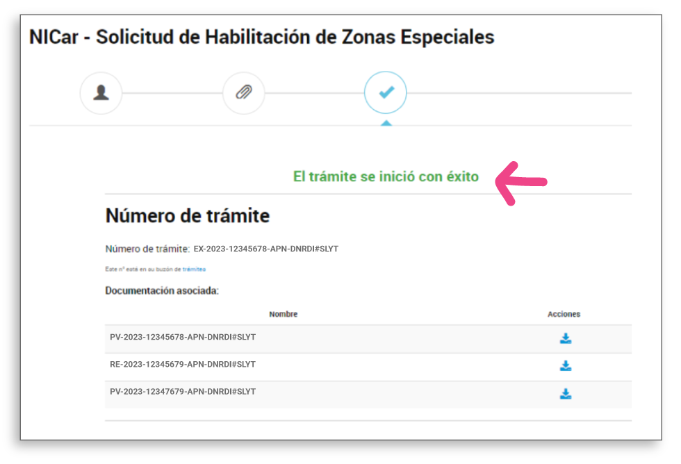 Pantalla de El trámite se inició con éxito