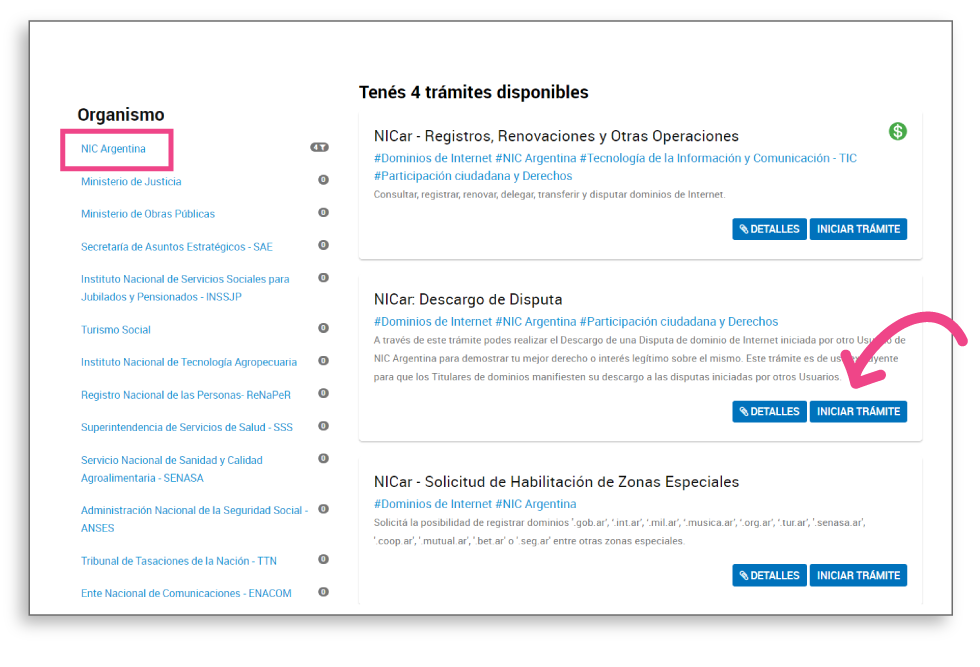 Página Trámites a Distancia seleccionando opciones correspondientes