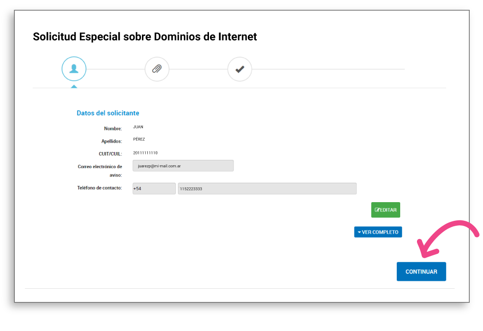 Página confirmar datos de Trámites a Distancia.