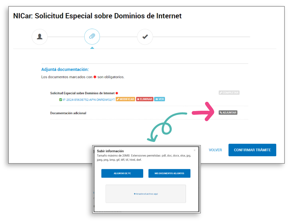 Página adjuntar documentación de Trámites a Distancia.