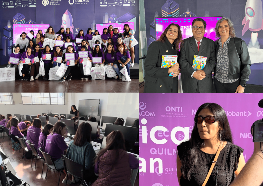 Collage de fotos de las estudiantes de las escuelas técnicas de Quilmes en el encuentro de Americas Girls Can Code, Patricia Mamani dando el taller de programación accesible, y la Directora de NIC Andrea Ramos.