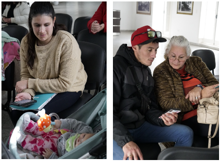 Imágenes de una mujer con su bebé y de un señor ayudando a otra señora en el taller de Soy Tu Tienda.