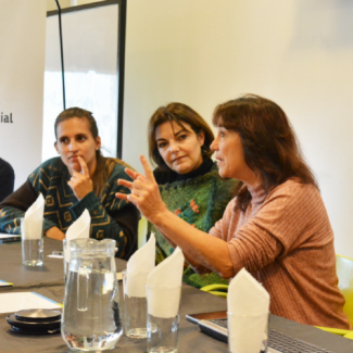 Foto con tres mujeres en un panel. 